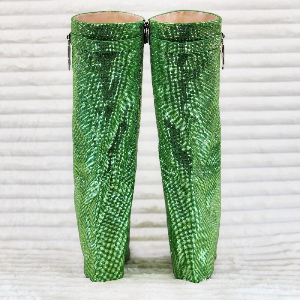 Super Sparkle Sharky Green Rhinestone Skirted Fold Over Wedge Heel Knee Boots - Picture 6 of 14